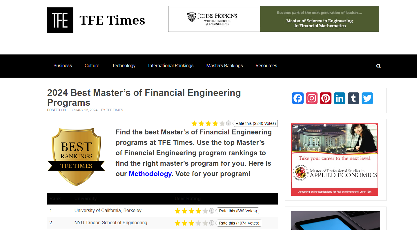 2024年TFE Times 全美最佳「金融工程」项目排名，UCB稳居第一！
